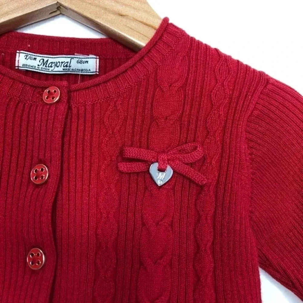 NWT Mayoral Chic cardigan sweater red cable‎ knit peplum hem size 6 months
